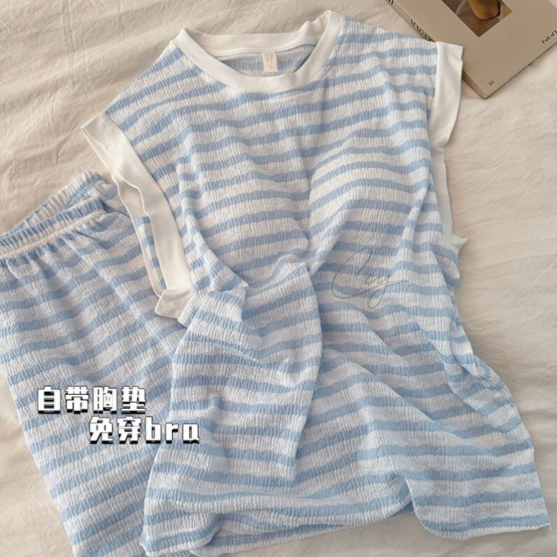 带胸垫一体睡衣女夏季莫代尔纯棉条纹高级感背心短裤两件套家居服