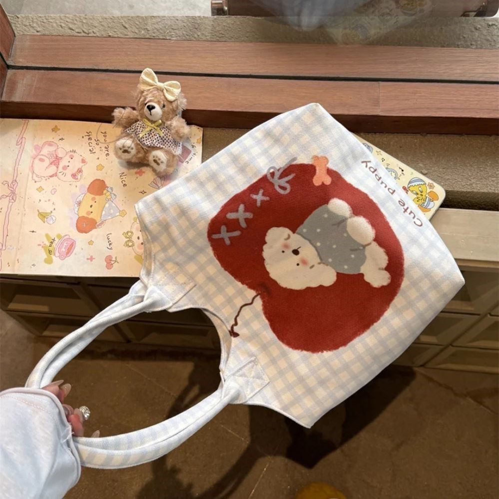 可爱格子苹果小狗包帆布包大容量单肩手提包时尚小众休闲托特包女