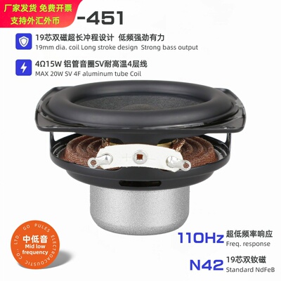 57mm2.25寸低音喇叭4欧15W双钕磁19芯铝管音圈橡胶边长冲程扬声器