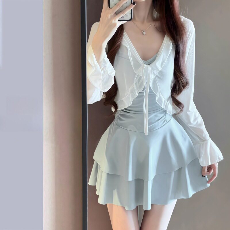 泳衣女款2025年新款爆款蓝色微胖遮肚露背高级连体绝美女生泡温泉