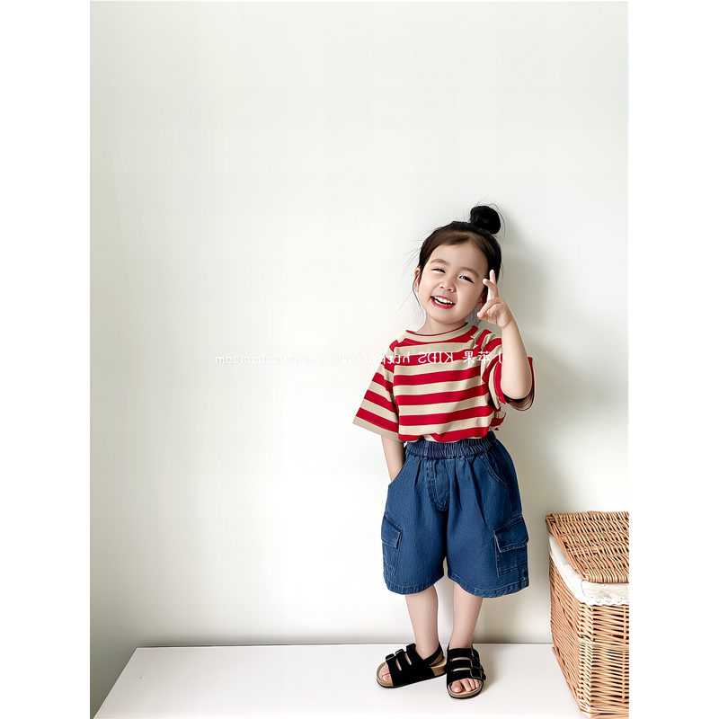 儿童洋气休闲上衣韩版男女童宝宝百搭宽小苹果25夏T恤松条纹短袖