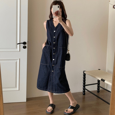 美式复古V领无袖牛仔连衣裙