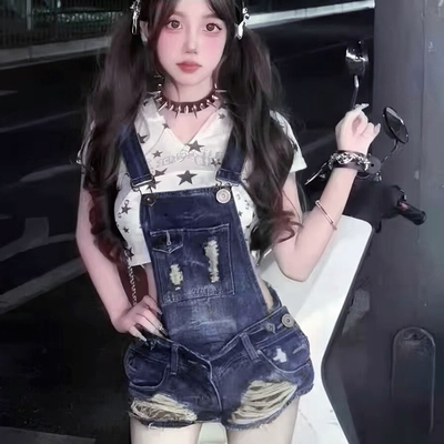 美式复古辣妹破洞牛仔背带短裤女