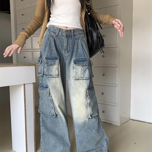 复古工装 阔腿宽松百搭直筒长裤 牛仔裤 新款 子 女春季 设计感高街美式