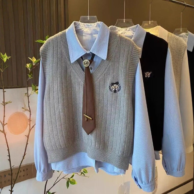 高级感盐系学院风秋冬搭配一整套衬衫马甲领带三件套装女春秋穿搭