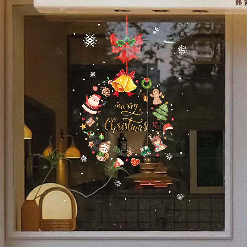 圣诞节装饰圣诞花环静电玻璃门贴纸店铺场景布置橱窗贴铃铛窗贴