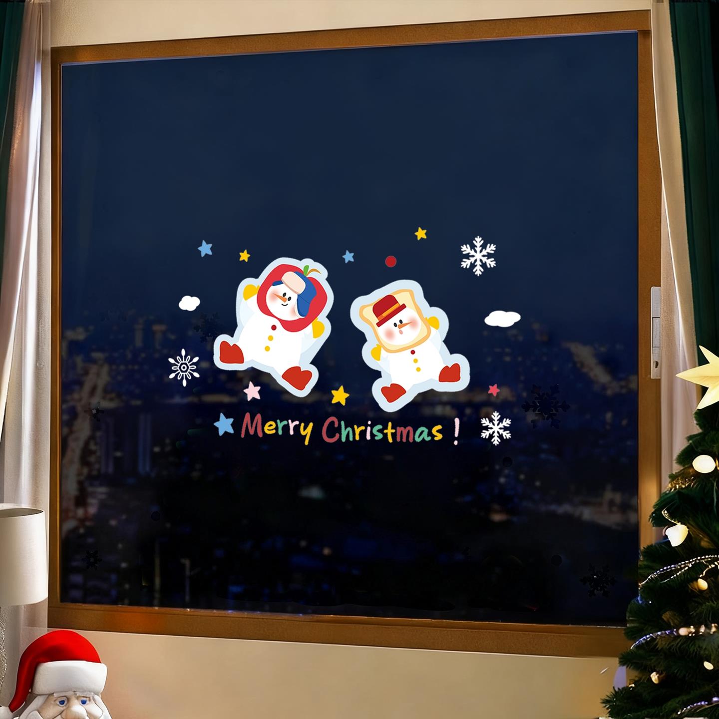 圣诞节窗户贴纸圣诞雪人玻璃贴纸窗贴氛围布置圣诞雪花静电贴2026