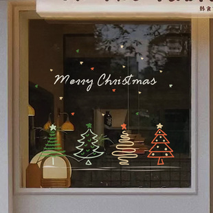 2026圣诞节圣诞树装饰玻璃窗花贴纸节店铺橱窗布置静电贴手绘线条
