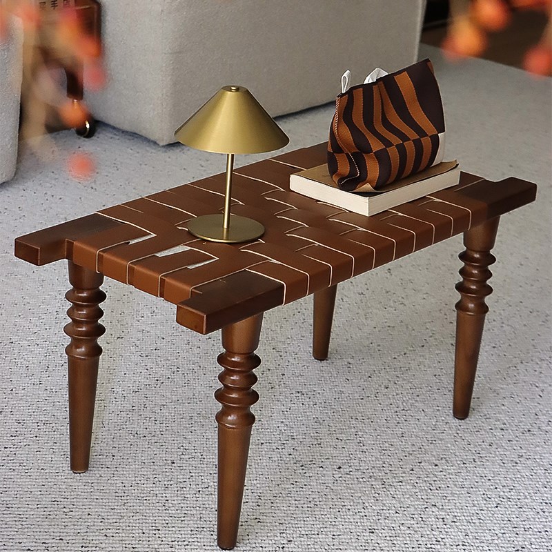 法式复中古实木餐椅胡桃玄关长条藤编换鞋矮凳子床尾W化妆沙发边