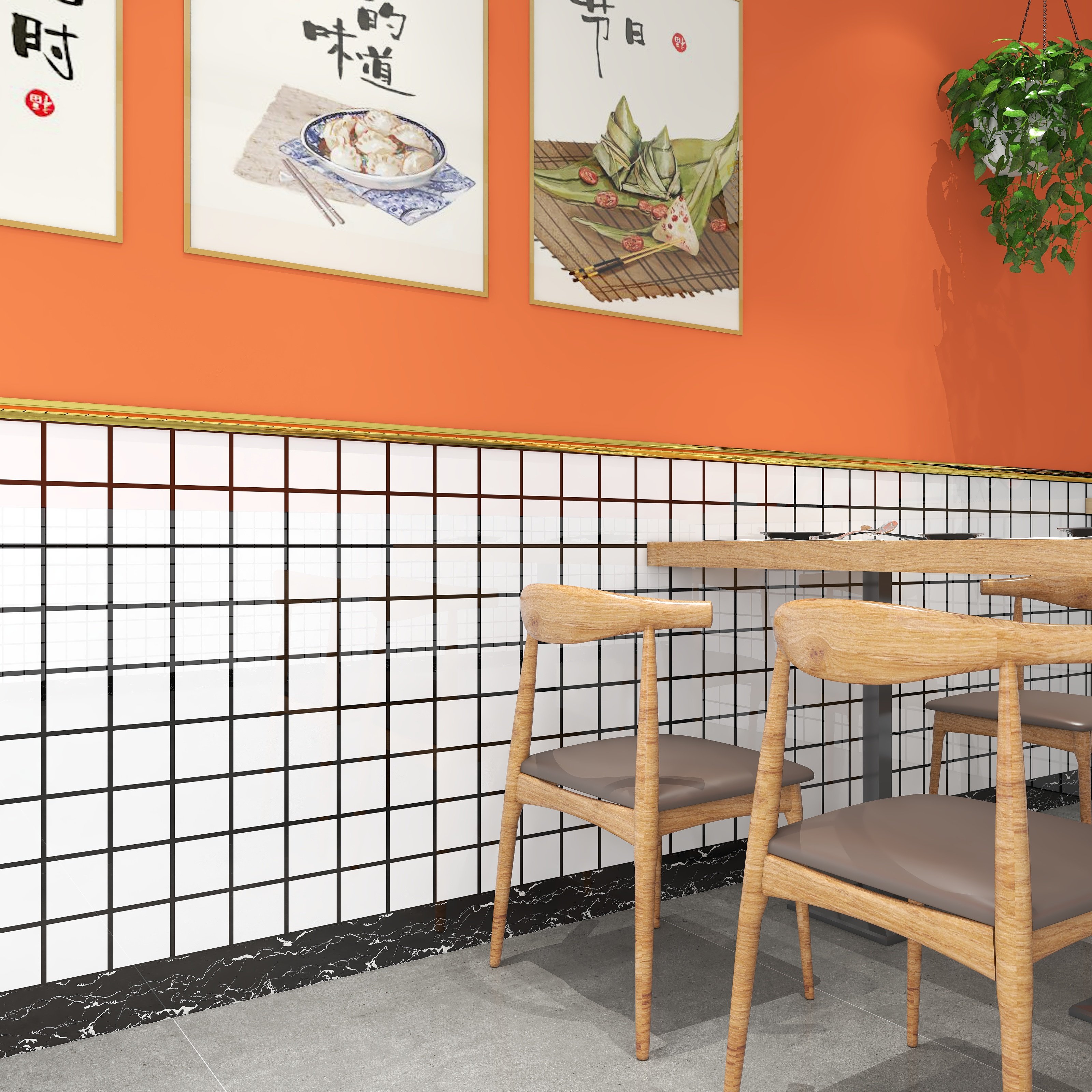 橙色墙纸自粘防水防潮防霉掉灰墙遮丑专用黑白格贴纸商用餐饮墙围,家装主材,PVC墙纸,淘宝优惠券,粉丝福利购,淘宝优惠卷