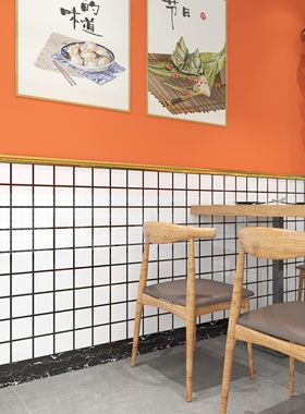 橙色墙纸自粘防水防潮防霉掉灰墙遮丑专用黑白格贴纸商用餐饮墙围