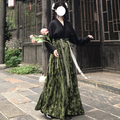 梦桑塔【蓦竹】汉服新品大码丝绒破裙唐制胖MM提花竹子秋冬款绿色