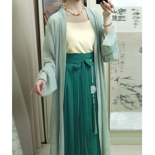 梦桑塔【素云】大码汉服宋制显瘦长衫绿色夏季人棉百褶裙日常可穿