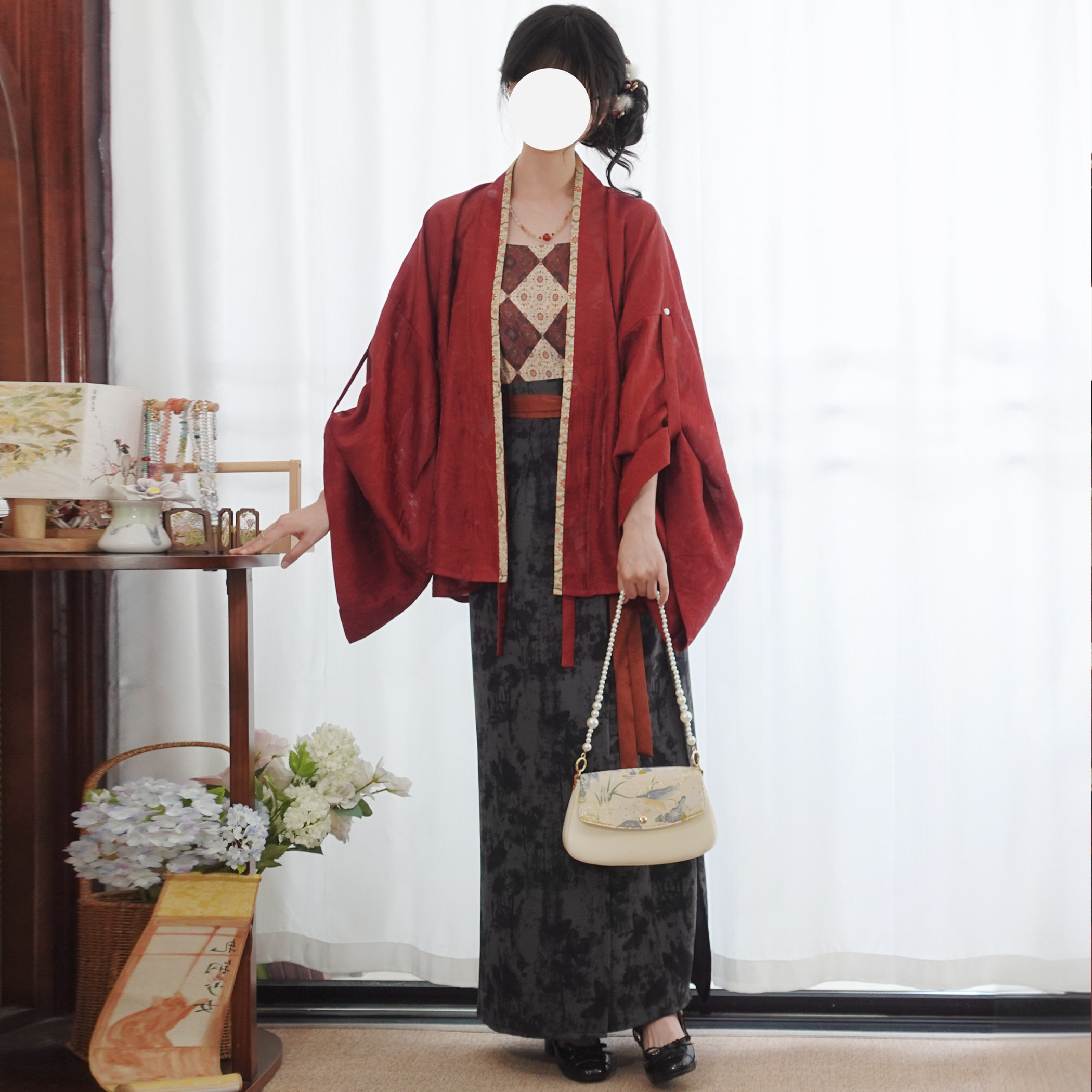 梦桑塔【朱墨】大码新品汉服魏晋南北褶衣宽松秋季红色设计感旋裙图片