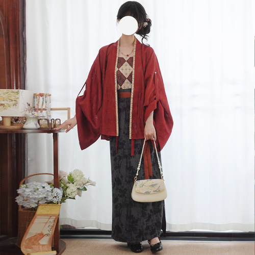 梦桑塔【朱墨】大码新品汉服魏晋南北褶衣宽松夏季红色设计感旋裙