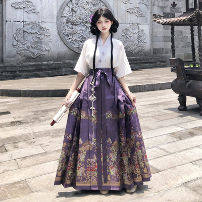 梦桑塔大码汉服马面裙紫色裙子蝴蝶织金刺绣短袖上衣夏季透气显瘦