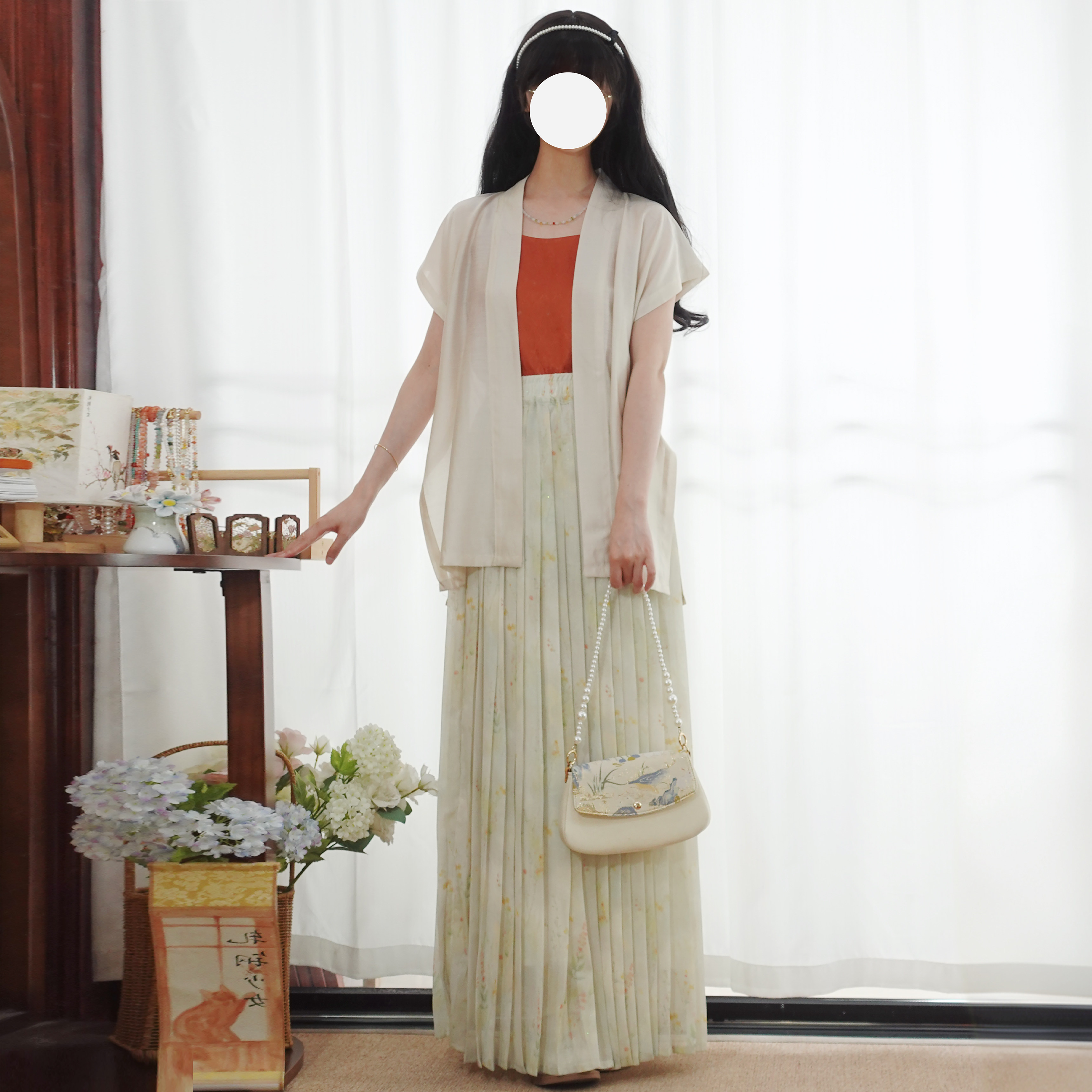 梦桑塔大码汉服【云间柿】夏季日常宋制背心百褶裙松紧带改良米色 - 实物图