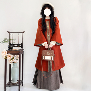 梦桑塔大码汉服【赤霞】秋冬季长披袄明制方领对襟毛呢红色马面裙