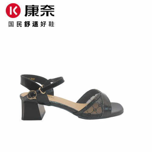粗跟一字扣带鱼嘴凉鞋康奈凉鞋