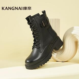 康奈女靴马丁靴女冬季新款英伦风皮鞋粗跟加绒靴子女短靴11138447