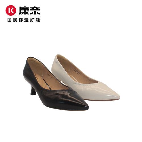 康奈春季漆皮尖头细跟通勤单鞋