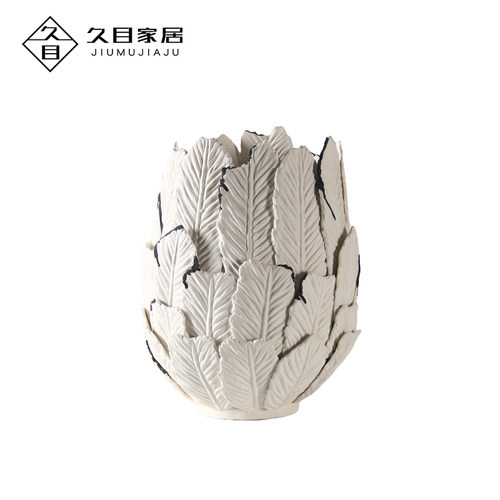 现代轻奢树叶拼接羽毛白色花器摆件样板间书房玄关插干花瓶装饰品
