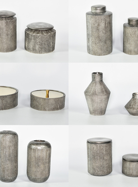 金属灰陶瓷储物罐花瓶组合摆件