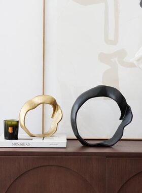 印度进口简约金色黑色几何圆环装饰摆件艺术镂空金属雕塑软装饰品