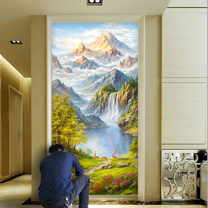 日照金山现代简约客厅玄关墙布麋鹿山水风景油画风过道尽头壁纸3d