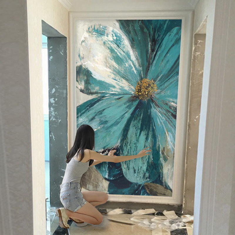 北欧抽象艺术玄关壁纸花卉餐厅背景墙壁画走廊过道进门墙竖版壁布