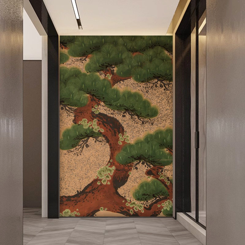 中古风迎客松玄关装饰画餐厅绿植大树墙布侘寂风抽象大幅壁纸壁布
