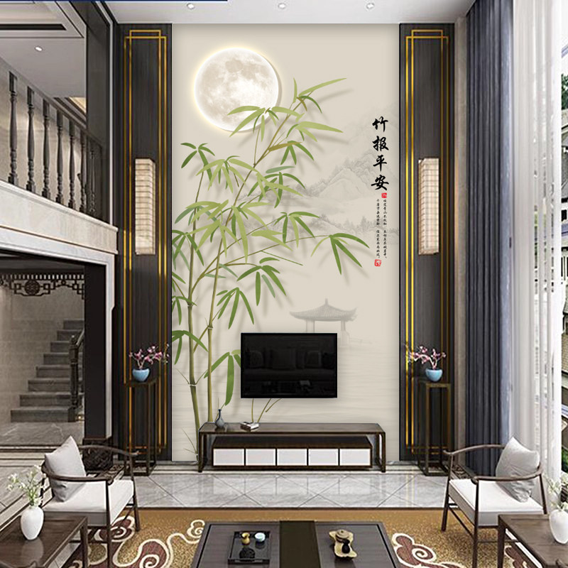 别墅挑高复式楼电视背景墙壁纸中式竹子客厅挑空玄关壁画墙布壁布