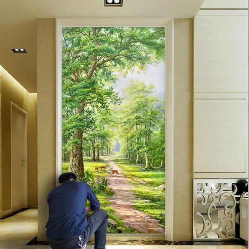 北欧原木风入户进门玄关墙布走廊过道壁纸绿树成荫餐厅防潮壁布3d