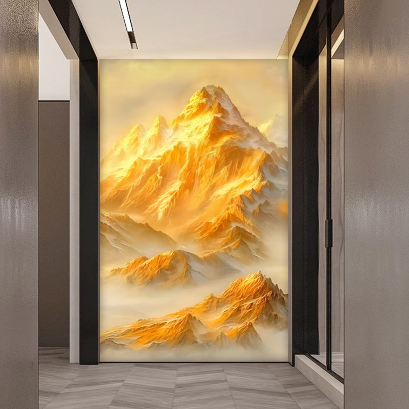 日照金山入户玄关壁纸竖版西墙山水画墙布背有靠山走廊过道壁画3d