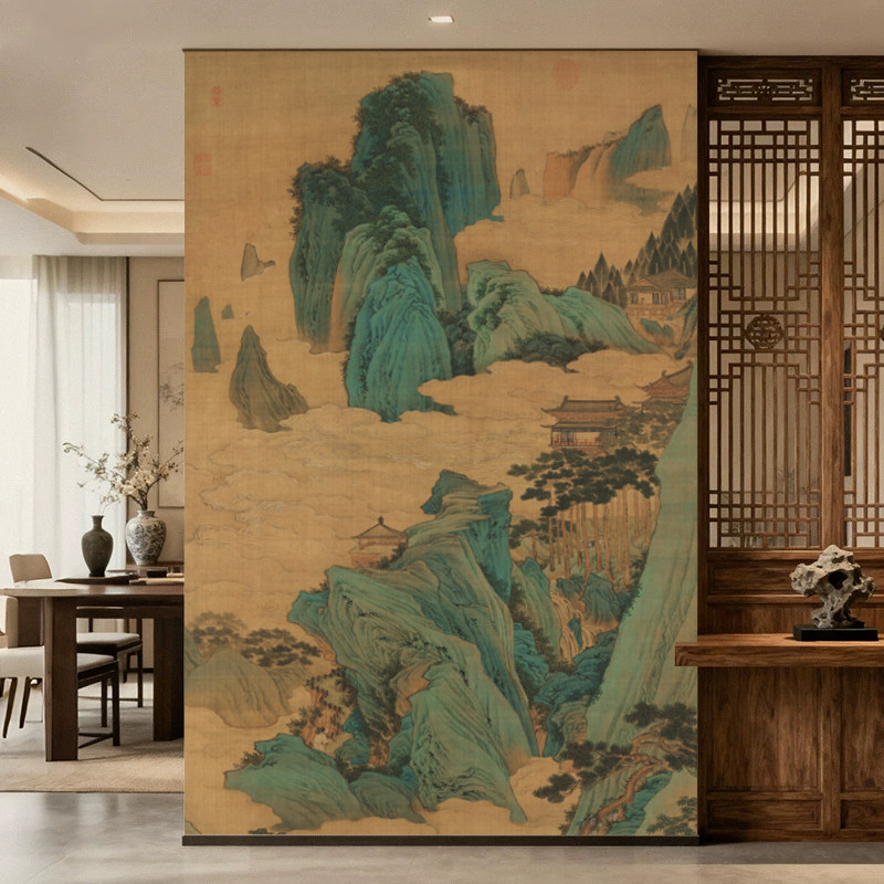 宋氏美学茶室书房定制壁画国画山水拼色墙布客厅壁纸桃源仙境图