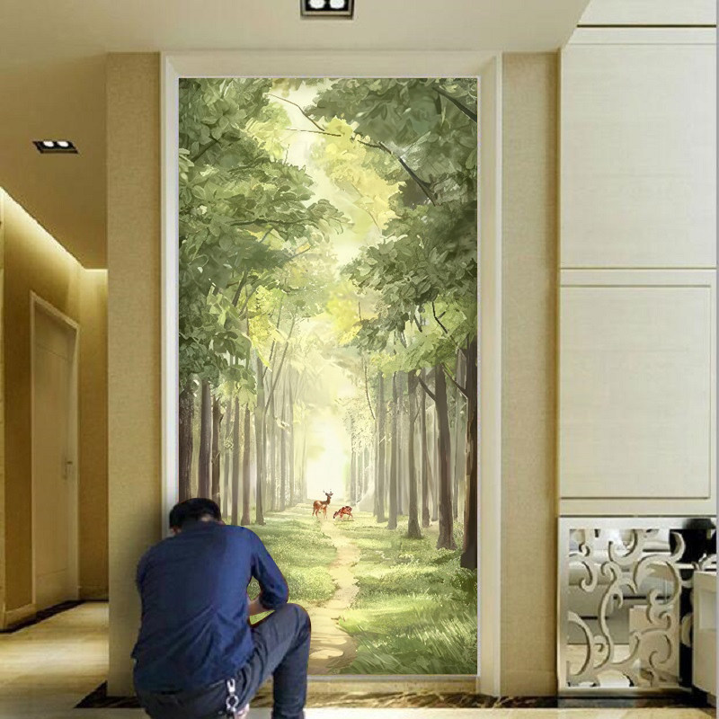 北欧原木风入户进门玄关墙布走廊过道壁纸绿色风景餐厅防潮壁布3d