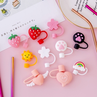 软胶硅胶玻璃吸管口防尘塞带盖帽可爱卡通8mm食品级吸管保护套