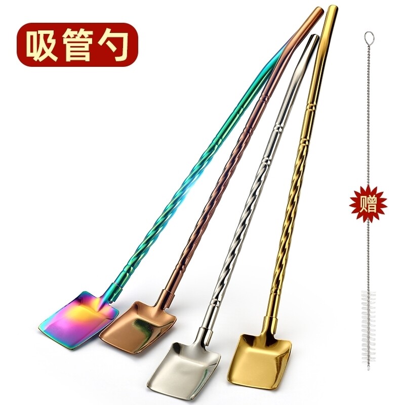 水果茶叉勺吸管独立包装加长加硬两用叉勺子一体带吸管