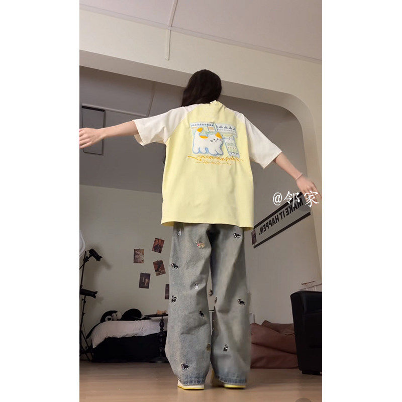 小个子穿搭一整套插肩袖短袖t恤女夏季新款多巴胺上衣+阔腿裤套装
