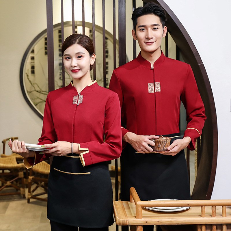 速发酒店服务员工作服长袖秋冬装中式餐饮火锅饭店茶楼制服男黑色