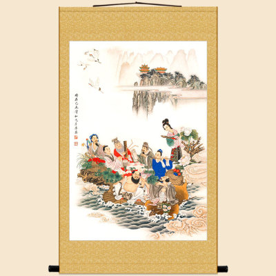 速发八仙过海打图挂画 馆装饰画丝绸画 复古卷轴画已装裱