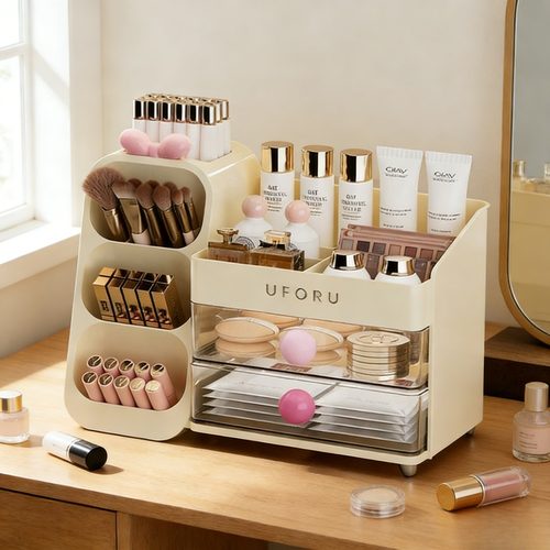 桌面多巴胺化妆品收纳盒ins风二合一多功能分格文具笔筒架整理盒