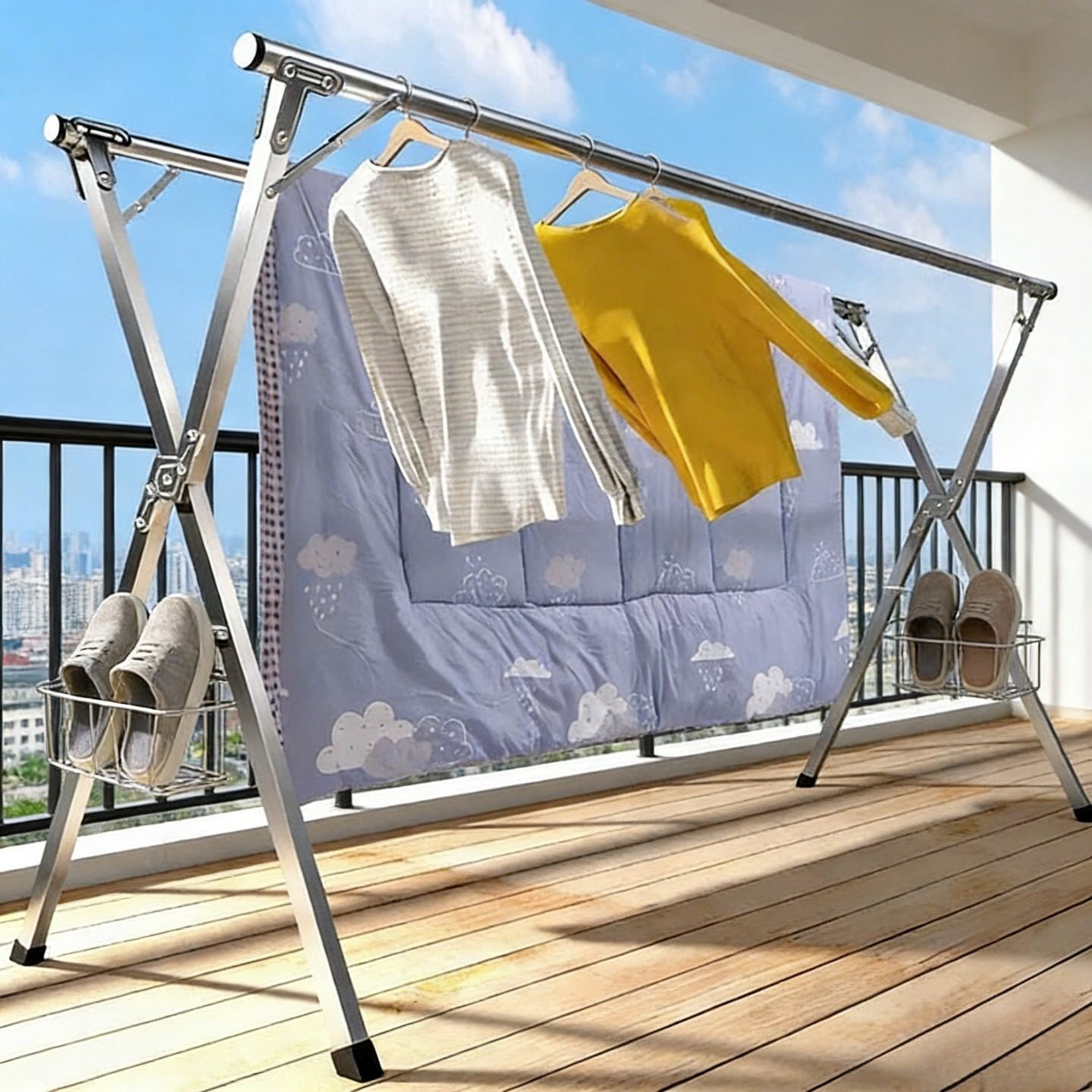 晾衣架落地折叠免安装家用阳台挂衣架室内外卧室架X型伸缩晾衣杆