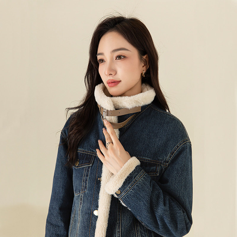鑫阁 韩版百搭机车牛仔加绒外套女冬季2025新款加厚夹克保暖棉服