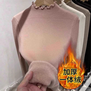 日韩风纯色加绒加厚针织打底女款冬季上新一体绒圆领套头式毛衣