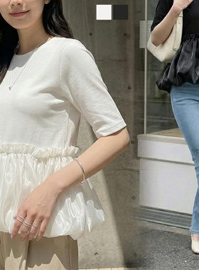 跨境外贸夏季新款 拼接缎面短袖衫温柔风收腰褶皱泡泡裙摆打底衫