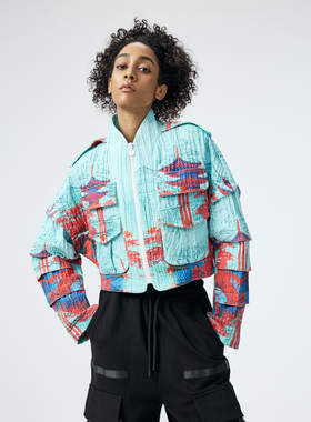 D.MARTINANQUEEN奥感N系列秋棒球外套女短款时尚撞色印花拉链上衣