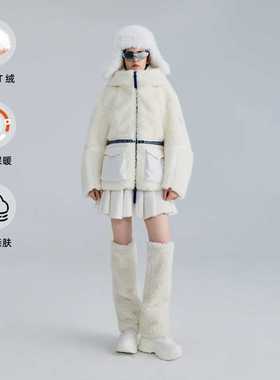 D.MARTINA QUEEN奥感N系列防风面料拼接连帽毛绒外套加厚保暖棉服