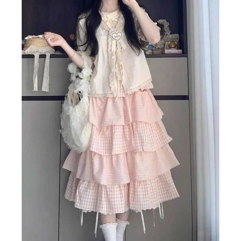 少女感甜妹套装花边短袖衬衫上衣+粉色格子中长款蛋糕半裙两件套