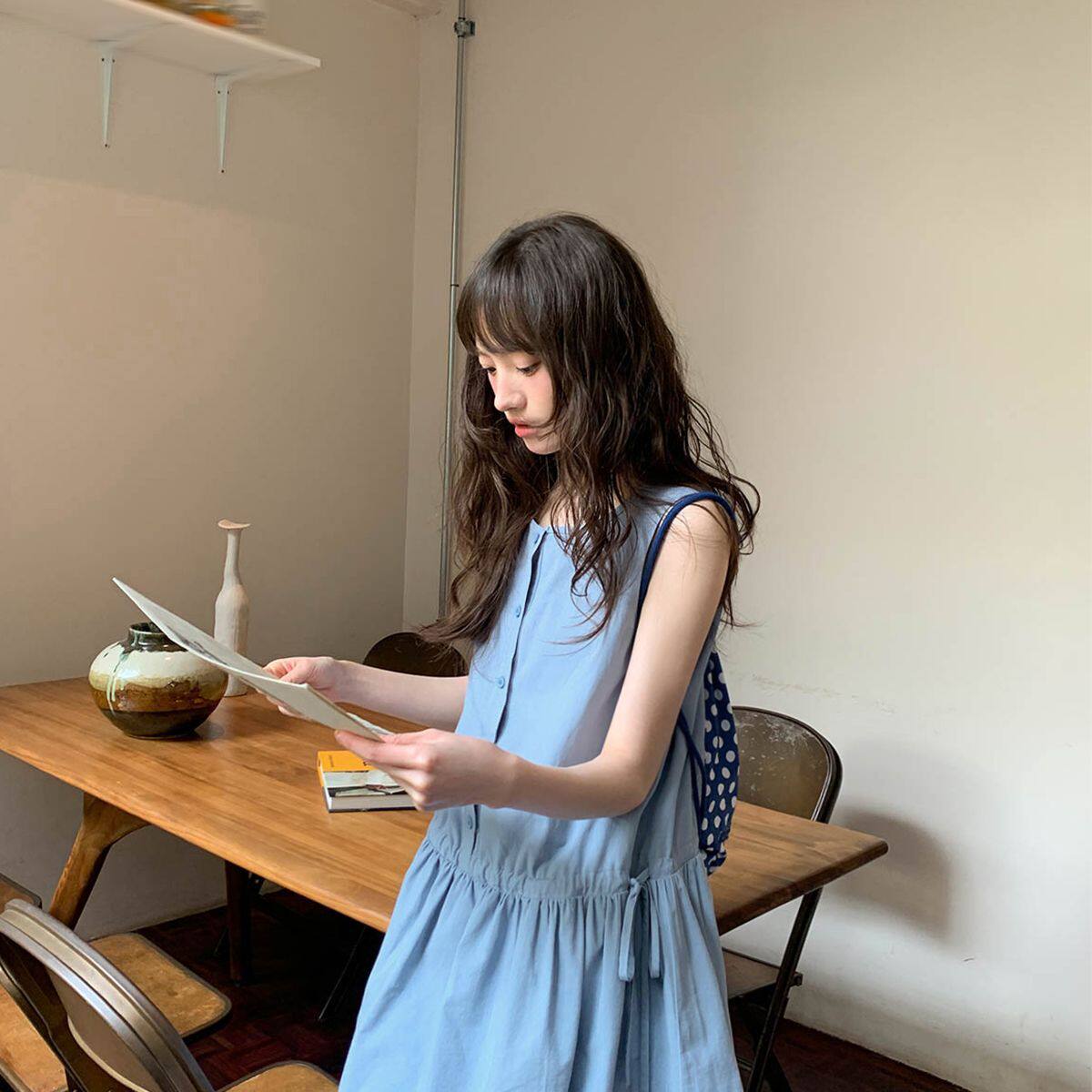 抽绳腰背心短裙圆领娃娃裙女夏新款设计感宽松a字连衣裙
